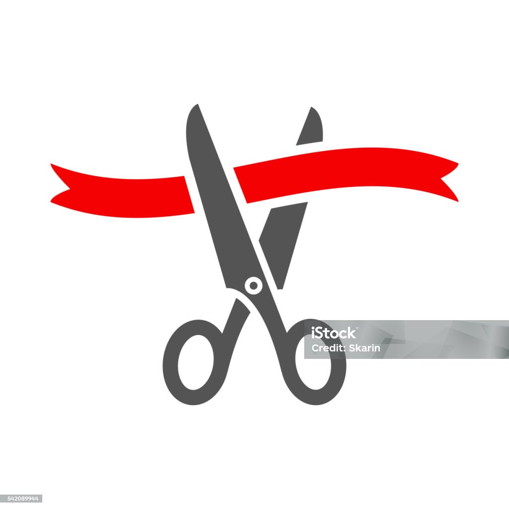 Scissors cutting red ribbon. Scissors cutting red ribbon. Tape and scissors. Icon Symbol stock vector