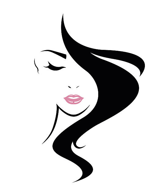 długie włosy styl ikony, logo kobiety twarz - hairstyle black and white women fashion stock illustrations