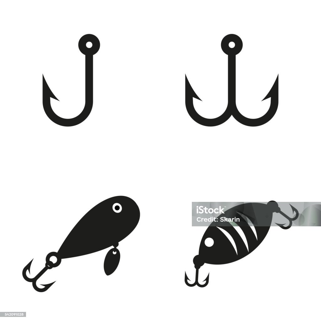 Iconos Vector negro conjunto de ganchos de pesca. - arte vectorial de Anzuelo de pesca libre de derechos