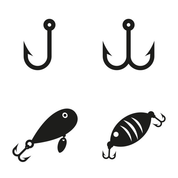 ilustraciones, imágenes clip art, dibujos animados e iconos de stock de iconos vector negro conjunto de ganchos de pesca. - anzuelo de pesca