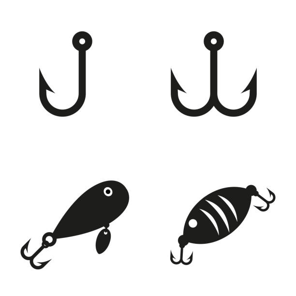 wektor czarny zestaw ikon połowów haki. - fishing bait stock illustrations