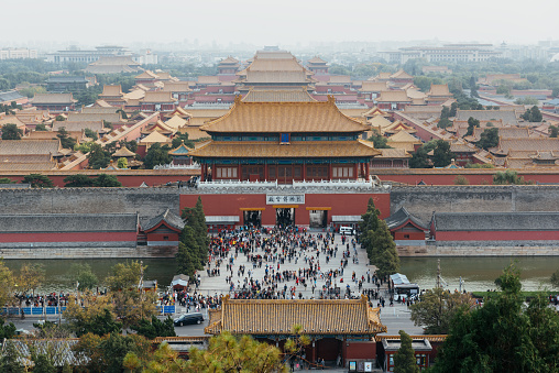 Beijing, China - October 18, 2015: Elevated view of the Forbidden City in Beijing, China. The Forbidden City was declared a World Heritage Site in 1987 and is listed by UNESCO as the largest collection of preserved ancient wooden structures in the world.