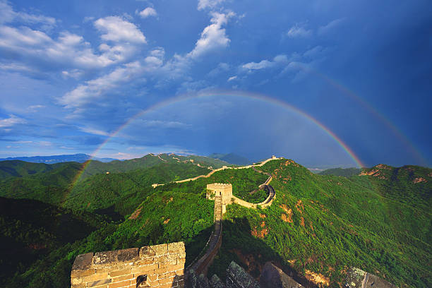 Great wall after thunderstorm, Beautiful double rainbow appears, China.