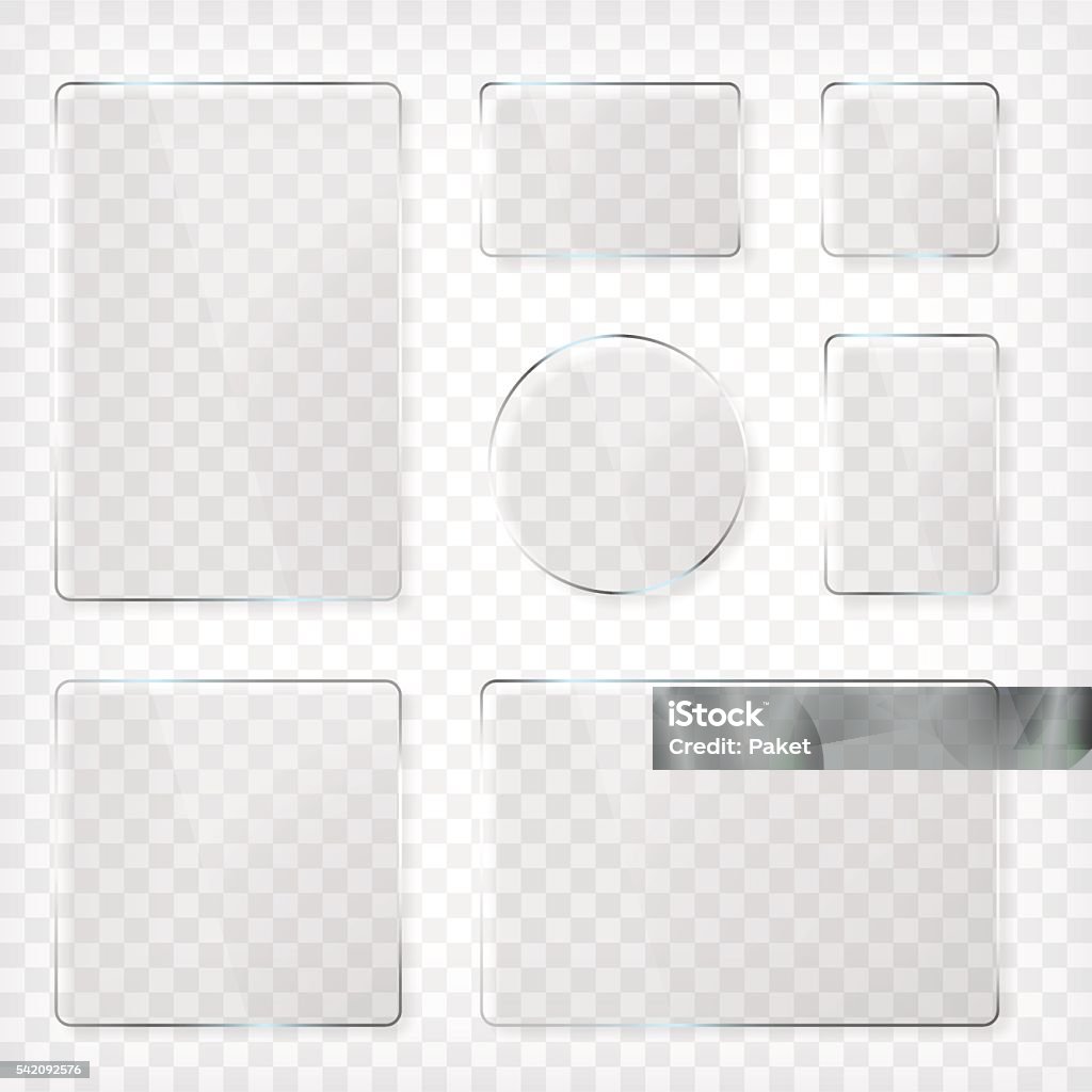 Glass plates set Glass plates set. Square shape, rectangle and round. See through mock up. Transparent elements. Plastic banners with reflection and shadow. Photo realistic vector illustration Plastic stock vector