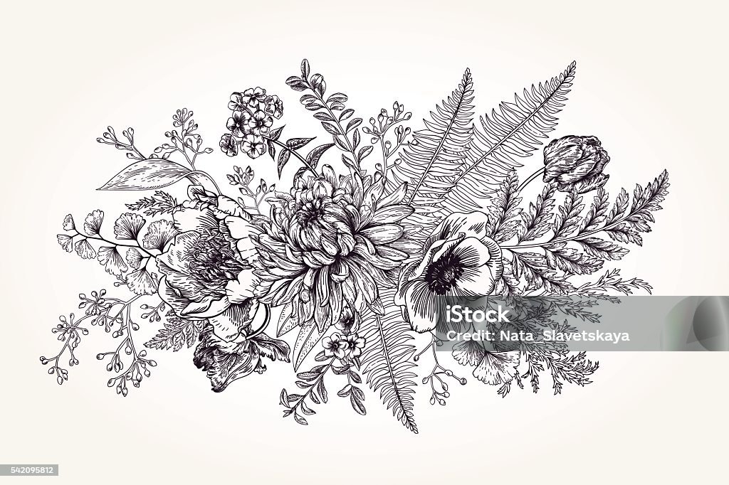 Bouquet with a garden with flowers. Bouquet with a vintage garden with flowers and leaves. Vector botanical illustration. Chrysanthemum, tulip, peony, anemone, ferns, boxwood. Design elements. Black and white. Flower stock vector