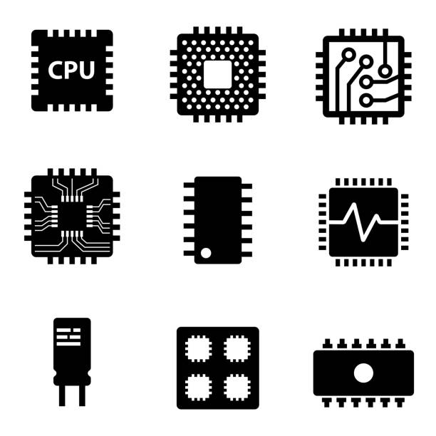 ilustrações, clipart, desenhos animados e ícones de vetor preto cpu microprocessador conjunto de ícones e batata chips - unidade de processamento central