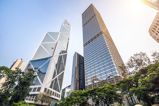 Low angle view of skyscrapers in downtown Hong Kong.