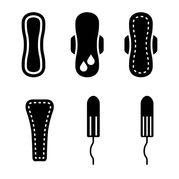 ilustraciones, imágenes clip art, dibujos animados e iconos de stock de vector negro conjunto de iconos de productos de higiene femenina - padding