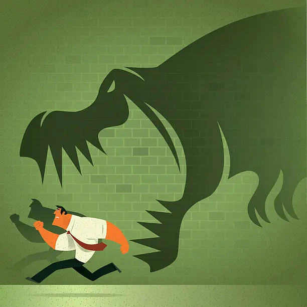 Vector illustration of dinosaur chasing businessman