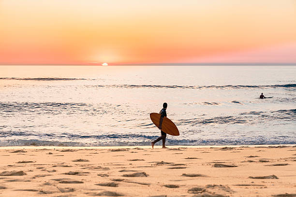 istock sunset on the sea - surfer walking on a beach 542102814