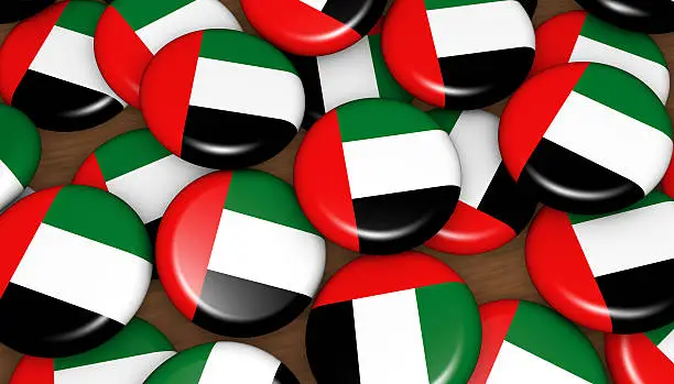 United Arab Emirates flag on badges background for UAE national day events, holiday and celebration 3D illustration.