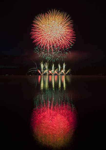 istock Colorful fireworks with reflection on lake. 542103460