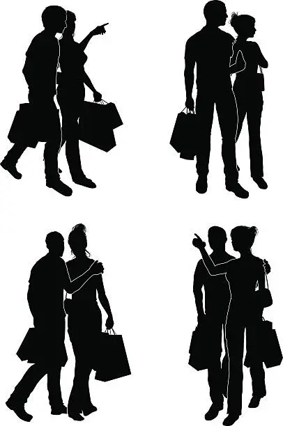 Vector illustration of Shopping Couples Silhouettes