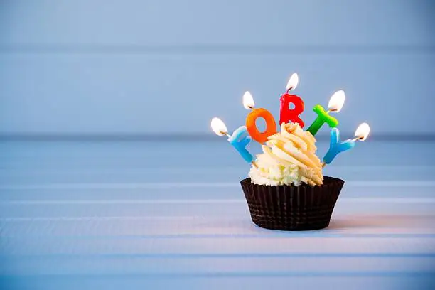 Photo of cupcake with a candles for 40 - fortieth birthday