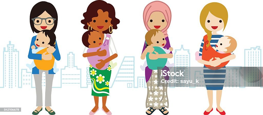 Varios mamá y bebé -Multi-Grupo étnico - arte vectorial de Bebé libre de derechos