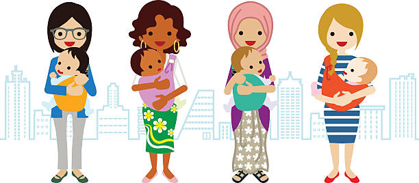 illustrazioni stock, clip art, cartoni animati e icone di tendenza di vari mamma e figlio etnico -multi-gruppo - full length child mother white background