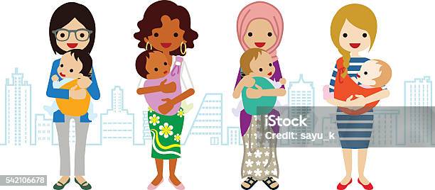 Various Mom And Baby Multiethnic Group Stock Illustration - Download Image Now - Baby - Human Age, Mother, Baby Carrier