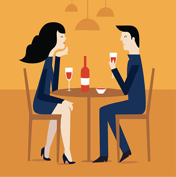 ilustrações de stock, clip art, desenhos animados e ícones de loving couple in restaurant. - silhouette wine retro revival wine bottle