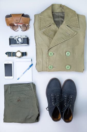 vintage Still life of casual man./ Overhead of Men's casual outfits with accessories/p coat and millitary pants
