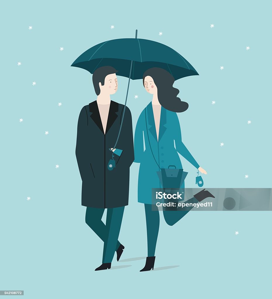 Couple under umbrella Cute girl and boy hiding under an umbrella from the snow. Vector illustration Umbrella stock vector