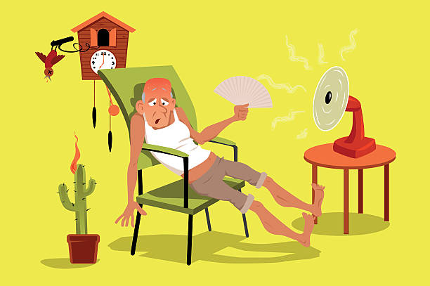 Hot house Mature man sitting in his house in a very hot summer day with a fan, EPS 8 vector illustration, no transparencies heatwave stock illustrations