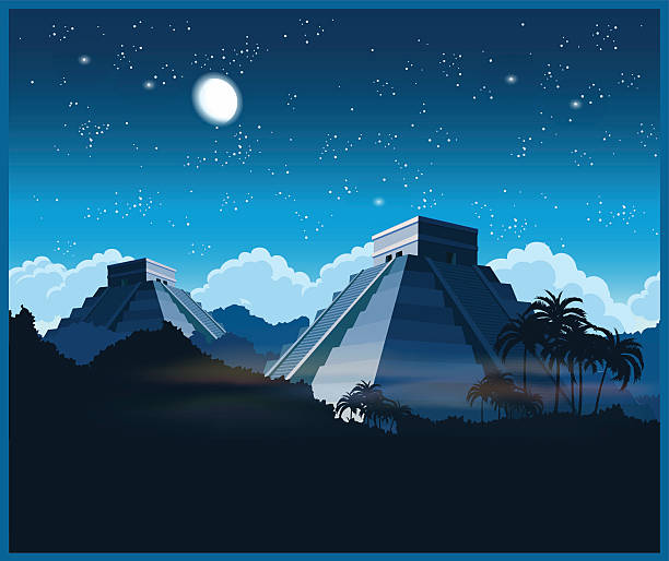 Mayan pyramids at night Stylized vector illustration of ancient Mayan pyramids in the jungle at night maya temple stock illustrations
