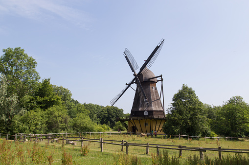 Brede, Denmark - June 23, 2016: The historic Fuglevad windmill in the Frilands Museum.