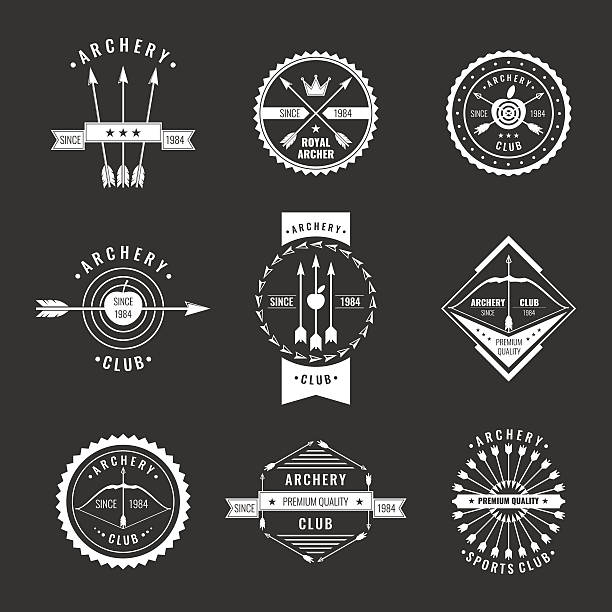 Set for the club of archery A set of logos, labels and elements for the club of archery in linear style on a black background. Suitable for design, advertising, posters. shot apple stock illustrations