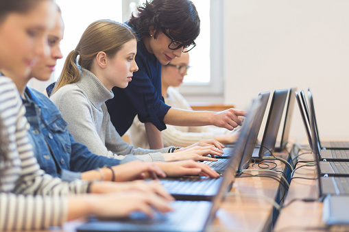 Group of male and female students using desktop computer on class in programming school.