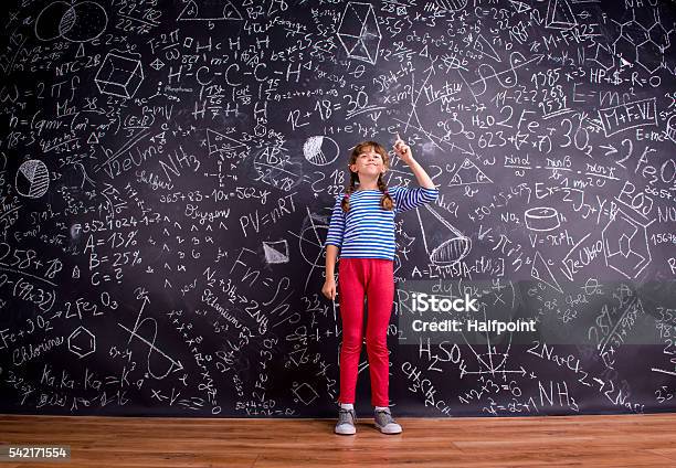 Girl With Two Braids Big Blackboard With Mathematical Symbols Stock Photo - Download Image Now