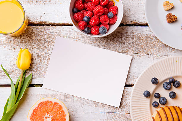 istock Breakfast meal. Empty greeting card. Studio shot, wooden backgro 542172338