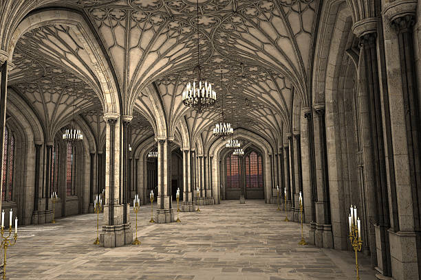 illustrazione 3d interna della cattedrale gotica - cathedral church indoors inside of foto e immagini stock
