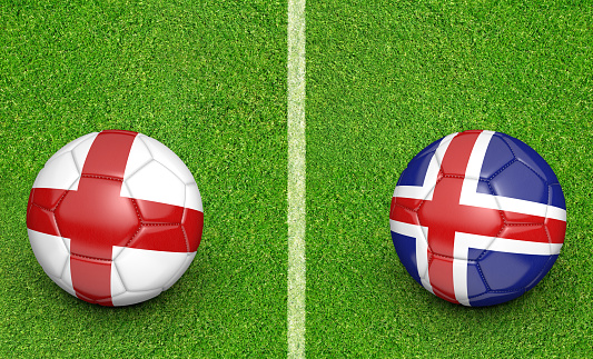 Stadium grass and two football designs for teams England and Iceland competing in a championship tournament.