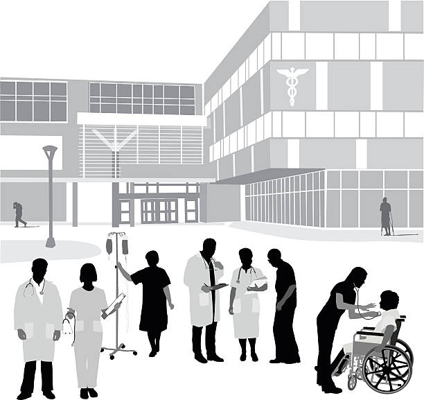 Hospital Entrance And Occupants A vector silhouette illustration of hospital staff and patients standing outside in front of a hospital building. There is a a nurse and doctor with clipboard, woman holding an iv pole, an elderly man, and a female nurse using a stethoscope on a young man in a wheelchair. nurse silhouettes stock illustrations