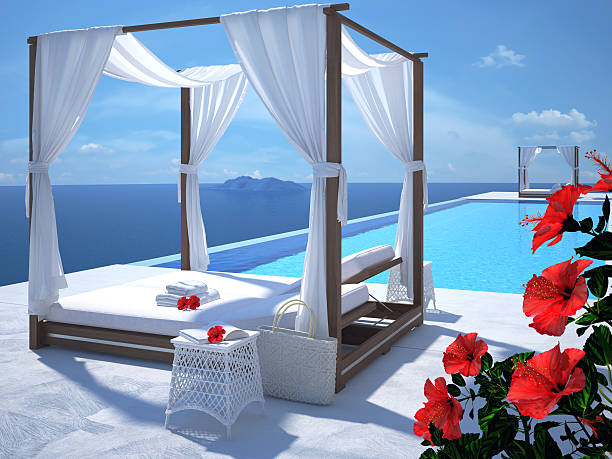 luxury swimming pool in summer. 3d rendering
