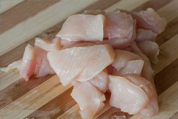 istock Raw chicken breast chunks on wooden cutting board 542177396