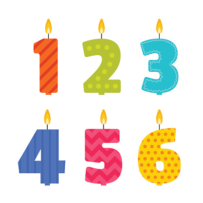 Vector flat design birthday candle set in the shape of numbers 1, 2, 3, 4, 5, 6. Burning colorful candles with different festive patterns in flat style. For anniversary party invitation, decoration.