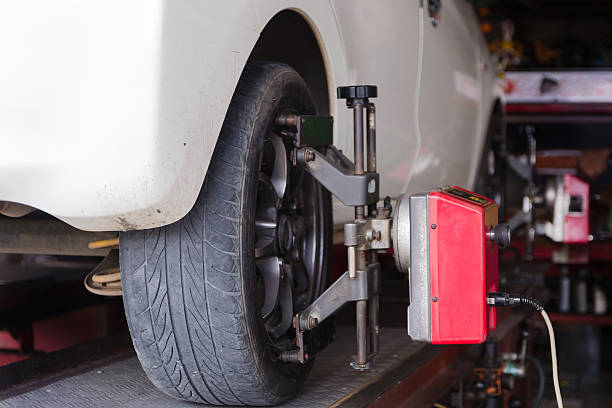 istock Close up shot of car wheel centering machine adjustment selectiv 542179172