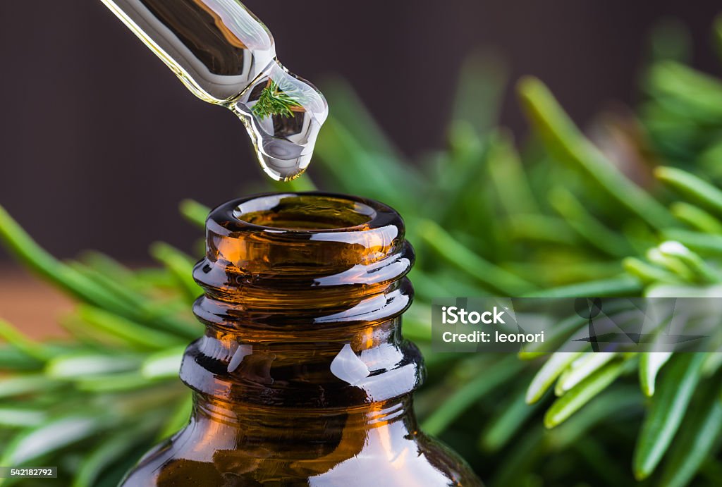 Rosemary oil. Rosemary oil and oil dropper.Essential oil, aromatherapy, natural remedies. Essential Oil Stock Photo