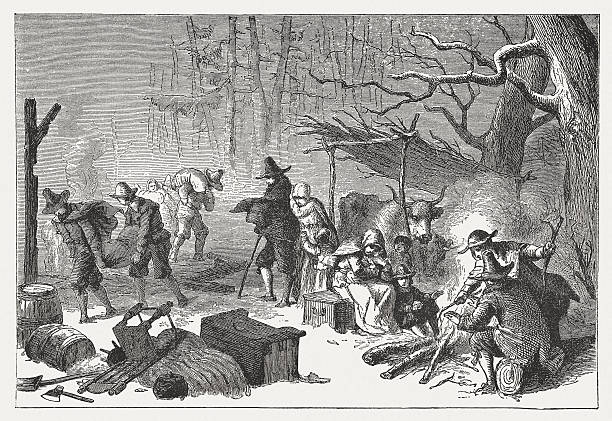 English Settlers in America, 1st half 17th century, published 1884 English Settlers in America in the 1st half 17th century. Wood engraving, published in 1884. english culture illustrations stock illustrations