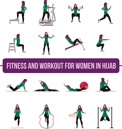 Muslim woman in hijab fitness, aerobic and workout exercise in gym. Vector set of gym icons in flat style isolated on white background. People in gym. Gym equipment, weights, treadmill, ball.