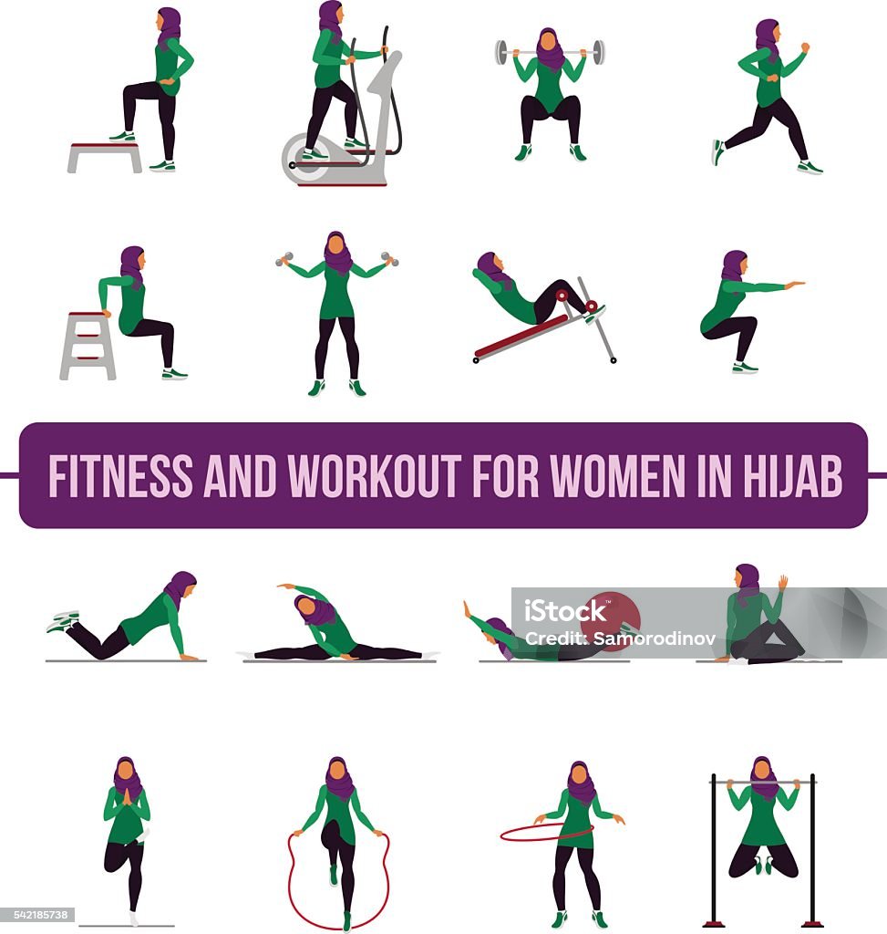 Muslim aerobic icons. 4x4. full color Muslim woman in hijab fitness, aerobic and workout exercise in gym. Vector set of gym icons in flat style isolated on white background. People in gym. Gym equipment, weights, treadmill, ball. Exercising stock vector