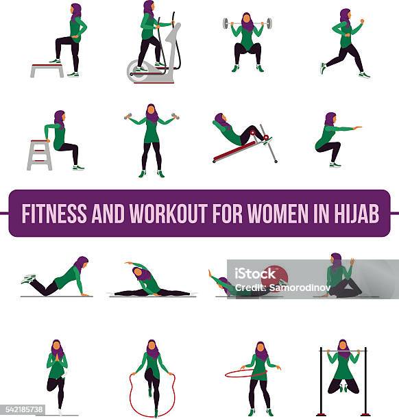 Muslim Aerobic Icons 4x4 Full Color Stock Illustration - Download Image Now - Exercising, Healthy Lifestyle, Islam