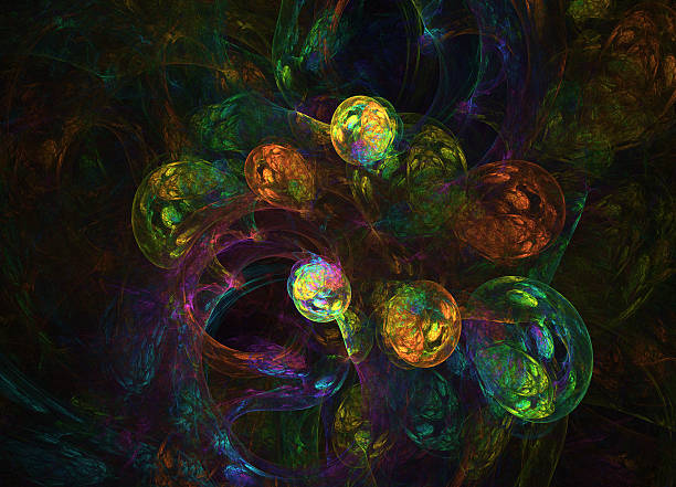 istock glowing rainbow curved lines and spheres over dark Abstract Back 542189774