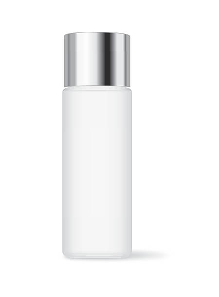 Cosmetic bottle with silver cap Cosmetic bottle with silver cap isolated on white background. Ideal for facial cleansing packaging and lotion and skincare or other. silver bottle cap stock illustrations