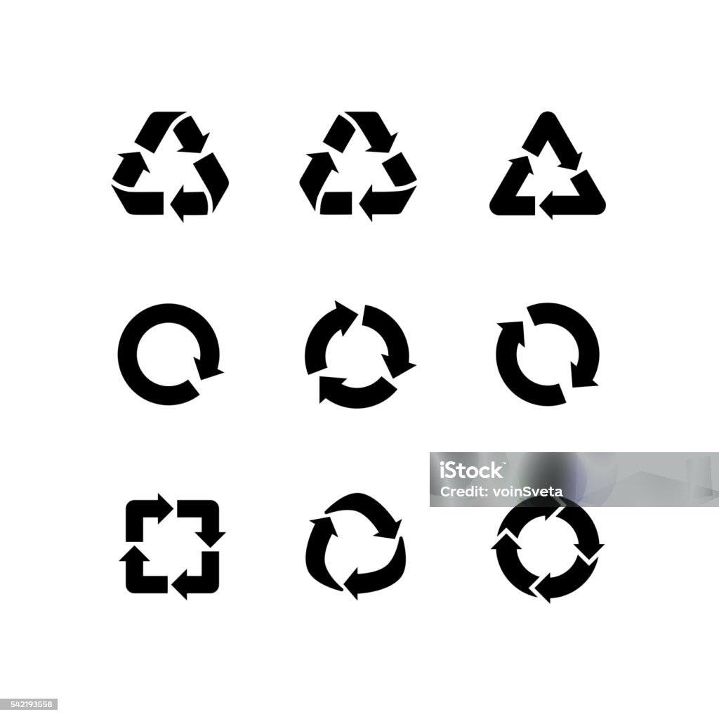 Set vector signs of recycling, arrow icons isolated on white Set of vector signs of recycling, arrow icons isolated on white. Recycle icons, reuse logo, reduce symbol. Ecological symbols of recycle, environment icons collection. Recycle sign Recycling Symbol stock vector