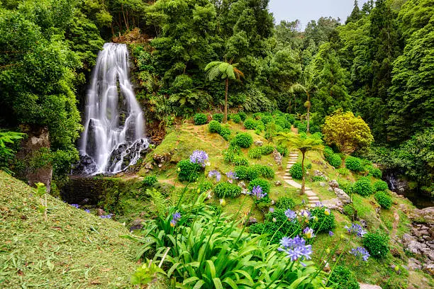 Waterfall landscape in stunning Parque Natural da Ribeira Dos Caldeirões in the beautiful region of Nordeste on the island of Sao Miguel, Azores (Portugal)