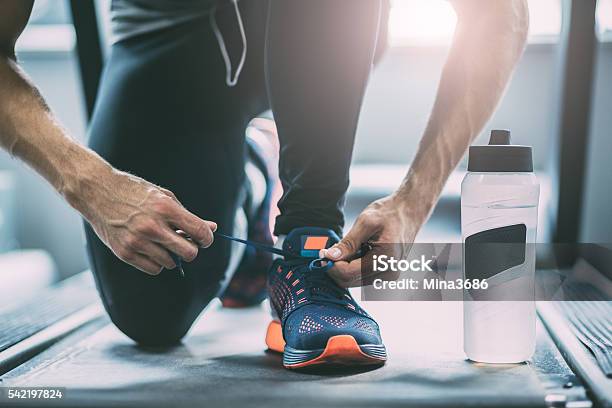 Portrait Of A Man Tying Shoelaces Stock Photo - Download Image Now - Men, Sports Shoe, Exercising