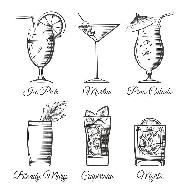 illustrazioni stock, clip art, cartoni animati e icone di tendenza di incisione cocktail vettoriale - aperitivo