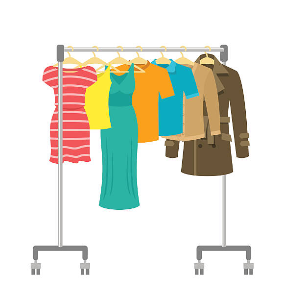 Portable rolling hanger rack with male and female clothes vector art illustration